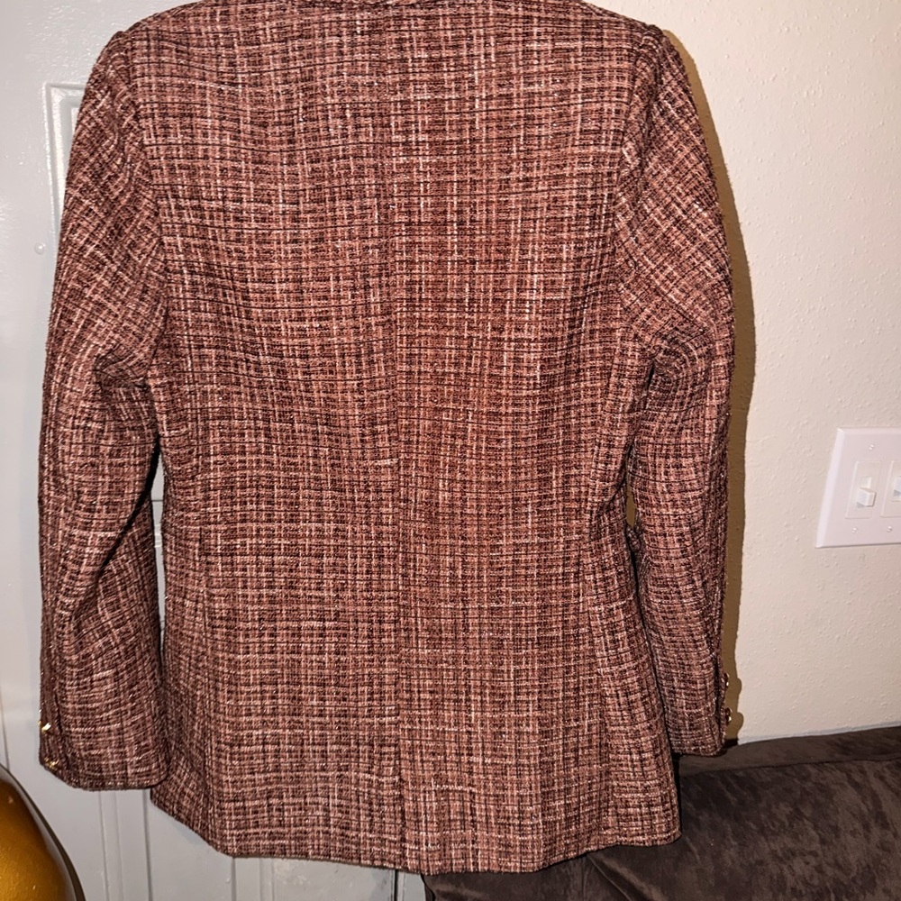 Double-Breasted Brown Tweed Blazer Jacket - Picture 6 of 9